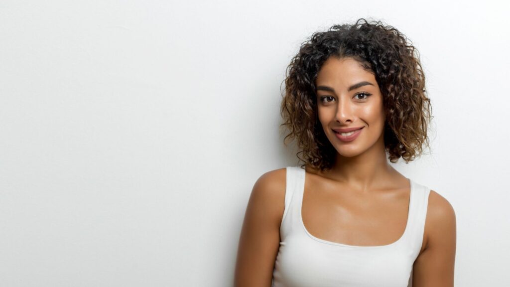 smiling woman in a white tank